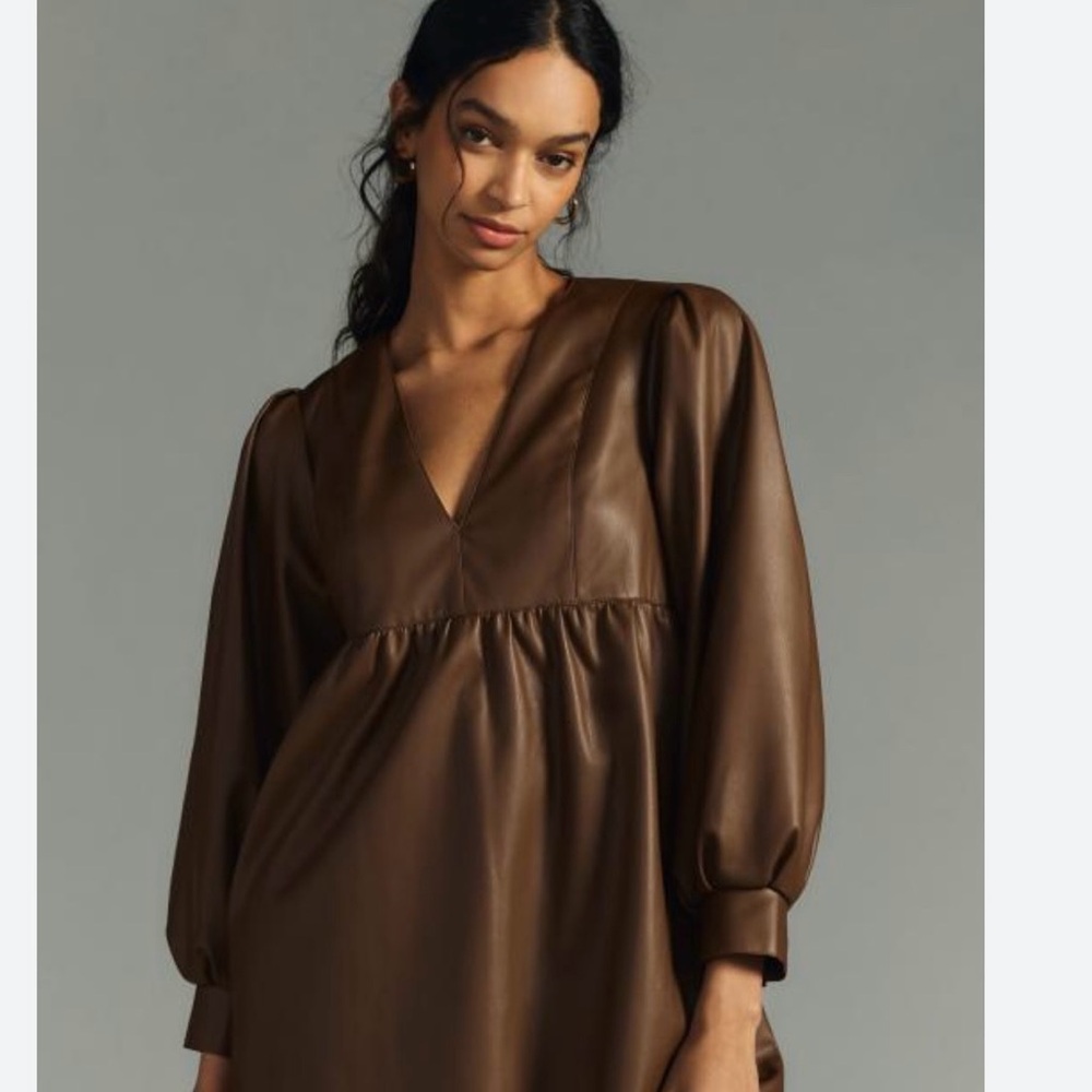 Anthropologie Brown Vegan Leather Babydoll Dress